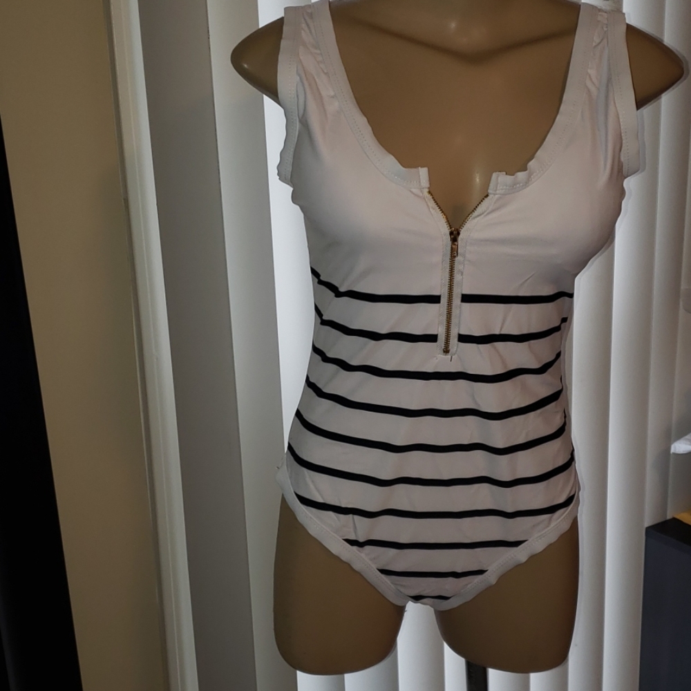 Stripped zippered one piece